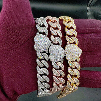 #ad 3AAA Heart Cuban Link Tennis Chain Ice Out 24k Real Gold Plated CZ Choker Bling $139.99