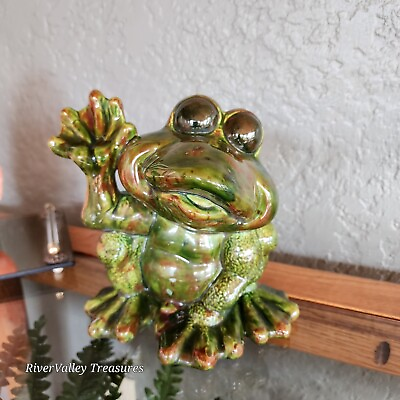#ad Googly Large Eyed Vtg Frog Statue Pottery Handglazed Rare Green Brown 60s 70s $49.95