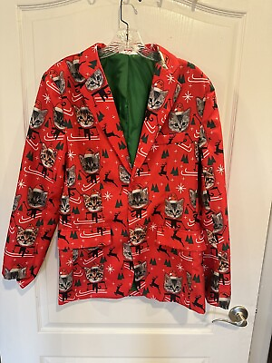 #ad Holiday time Men’s Christmas Santa Cat Blazer size small ugly Christmas sweater $30.00