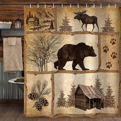 #ad Rustic Cabin Shower Curtain Set Farmhouse Country Antique Bear Moose Forest $26.89