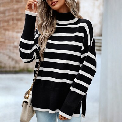 #ad Ladies Striped Knitted Sweater Pullover Jumper Turtleneck Top Split Hem Tunic $42.99