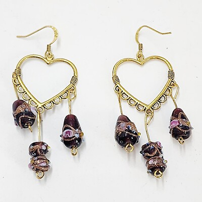 #ad Artisan Heart Lamp Work Glass Beaded Purple Hook Gold Tone Dangle Earrings $22.99