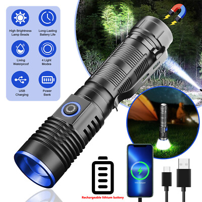 #ad 3000000LM LED Flashlight Tactical Light Super Bright Torch USB Rechargeable Lamp $14.65