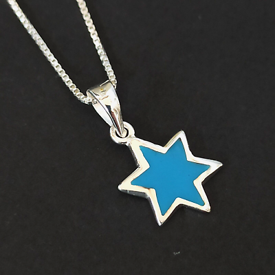 #ad Silver Star of David Necklace Turquoise Blue Men Women Modernist Simple 925 Gift $31.20