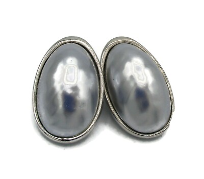 #ad LES BERNARD Signed Lt Gray Faux Pearl Oval Silver Tone Clip Earrings VTG 1.25quot; $35.00