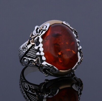 #ad Amber GemsStone Mens Warrior Ring Sword Vintage Silver Engraved Cocktail Jewelry $111.30