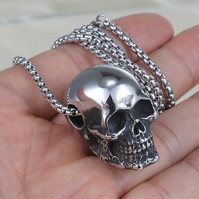 #ad Gothic Mens Biker Skull Charm Pendant Necklace Men Stainless Steel Chain Silver $9.95