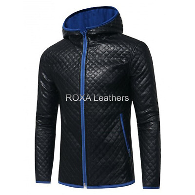 #ad NEW Pattern Men Authentic Lambskin Real Leather Black Jacket Quilted Hooded Coat $123.67