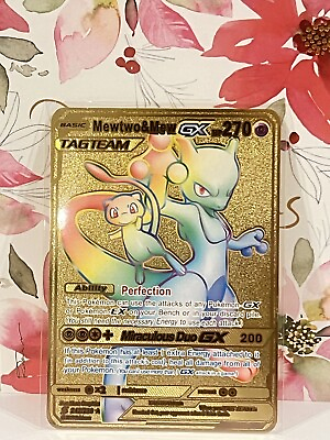 #ad Mewtwo amp; Mew GX Rainbow Gold Metal Pokémon Card Fan Art Collectible Gift $9.99