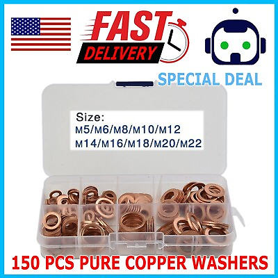 #ad #ad 150X Copper Crush Washer Gasket Set Flat Ring Seal Assortment Kit For M5 M20 Kit $12.79