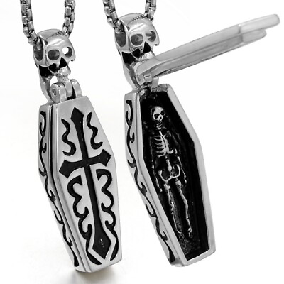 #ad Men#x27;s Silver Skull Skeleton Coffin Pendant Necklace Gothic Jewelry Box Chain 24quot; $11.99