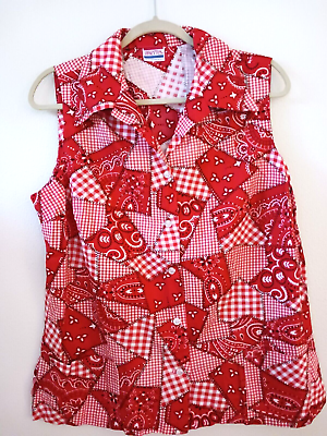 #ad Vintage 1970s Pykettes 44quot; Sleeveless Red Bandanna Rockabilly Style Blouse Shirt $25.00