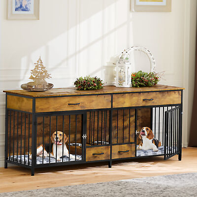 #ad 74.8quot; Indoor Wooden Dog Kennel Large Dog Crate Furniture Breed with Dog Feeder $284.59