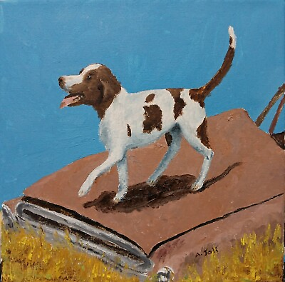 #ad Oil Painting Dog on Old Car Landscape Animal Art A. Joli $150.00