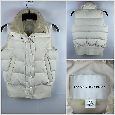 #ad Banana Republic Gilet Goose Down Puffer Vest Sherpa Collar Zip Snap XS Cream $29.99