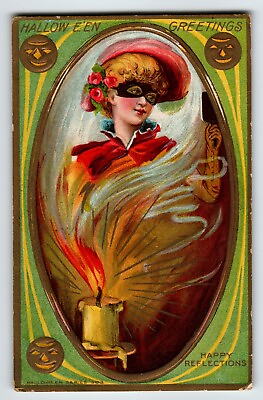 #ad Halloween Reflections Masked Women Embossed Oval Mirror Postcard Fantasy AMP Co. $40.00