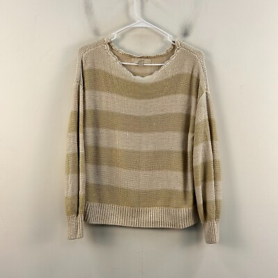 #ad Loft Womens Small Sweater Yellow Beige Stripe Pullover Long Sleeve Knit 23179 $1885.00
