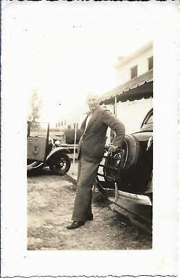 #ad Man Photograph Standing By Car 1930s Fashion Suit Automobile 3 1 4 x 5 1 4 $15.99
