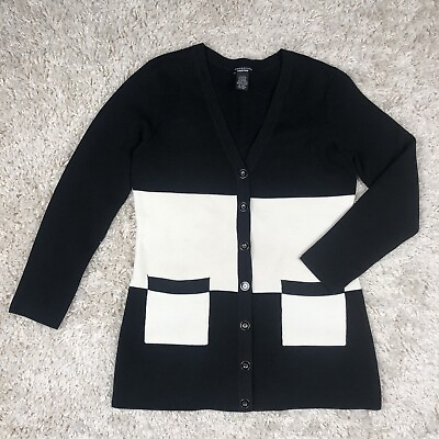 #ad Doncaster Silk Cotton Blend Cardigan Women#x27;s S Black White Button Pockets EUC $22.10