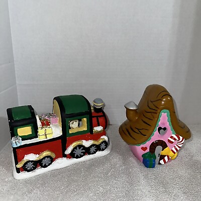 #ad Lot Set of 2 VTG Ceramic Christmas Candy House amp; Train Hand Painted $39.99