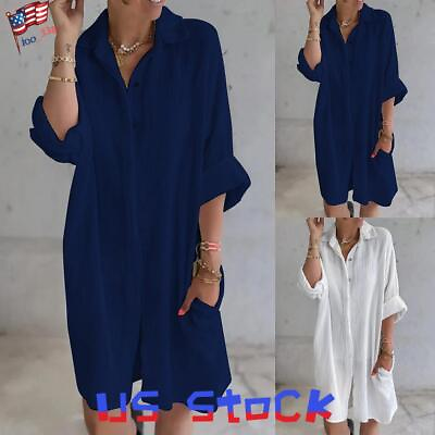 #ad Women Cotton Linen V Neck Shirt Dress Long Button Tops Beach Loose Mini Dress $20.23