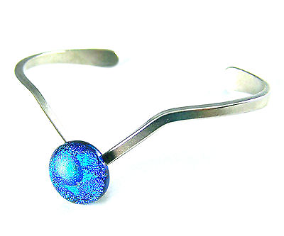 #ad Bracelet V Cuff ADJUSTABLE Silver Blue Bubbles Dichroic Fused Glass 1 2quot; 12mm $15.79