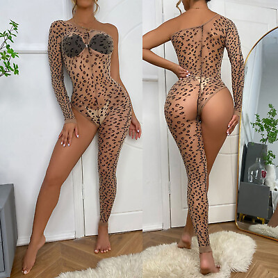 #ad US Womens Leopard Print Unitard Sexy Jumpsuit Sheer Mesh Bodysuit See Through $8.36