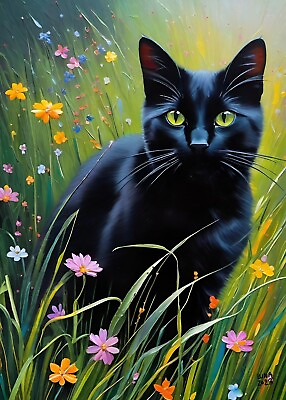 #ad 5x7 Cat Kitten Black Flowers Print Painting Art Work By Artist Luna A1 $14.99