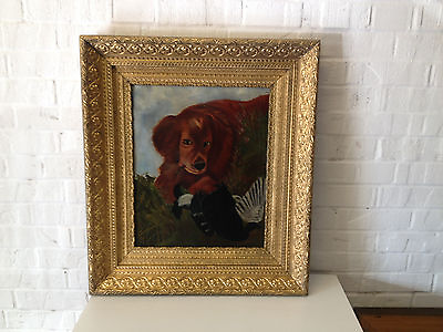 #ad Antique Oil on Canvas Painting of Hunting Dog w Bird Game in a Gold Frame $425.00