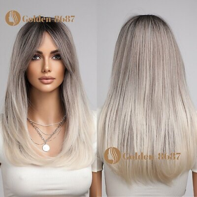 #ad US Long Natural Ombre Ash Sliver Layered Synthetic Hair Wig with Bangs for Women $18.39