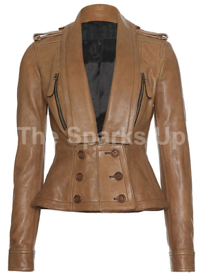 #ad Ladies New Fashionable Slim Fit Classic Motorcycle Style Brown Leather Jacket C $179.99