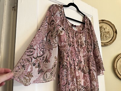 #ad Women’s Jordache Peasant Top Large Pink Floral Batwing Sleeve Lined 90s Y2K $14.29