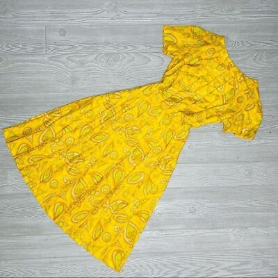 #ad Vintage retro pleated homemade paisley print yellow fit and flare dress small $50.00