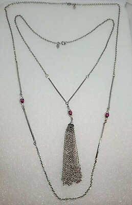 #ad Vintage Sarah Coventry 2 Silver Tone Chain Necklace Pink Rhinestone Boho Tassel $18.00