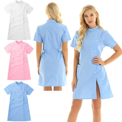 #ad Women#x27;s Medical Uniform Button Front Hospital Nurse Scrub Dress Lab Coat Clothe $21.66