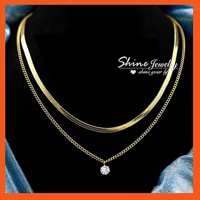 #ad 9K GOLD GF FLAT SNAKE CURB CHAIN SOLITAIRE DROP DOUBLE WOMENS NECKLACE MUM GIFT AU $16.98