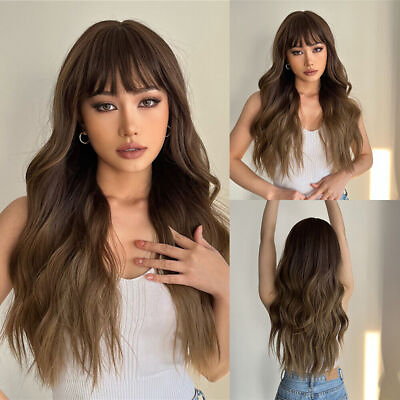#ad US Long Wavy Highlight Ombre Brown Wigs with Bangs Hair for Women Natural Wigs $17.63