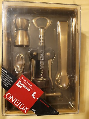 #ad Oneida Barware 7 Piece Set Stainless Sealed Corkscrew Jigger Tongs Wine Stopper $40.00