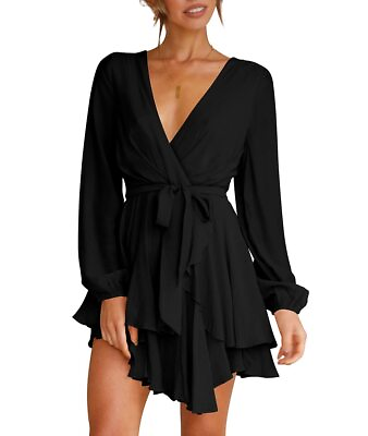 #ad Cosonsen Womens Mini Dress Deep V Neck Baggy Sleeve Ruffle Hem Short Dresses $7.99