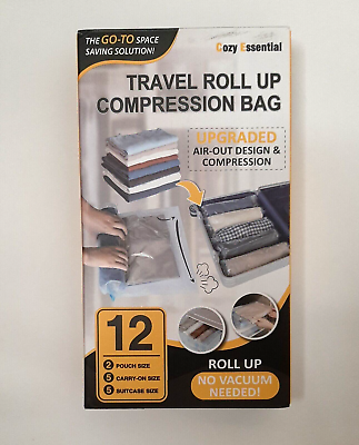 #ad 12 Travel Compression Bags Roll up Travel Space Saver Bags New Open Box Full Set $18.99