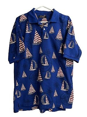 #ad Patriotic Polo Shirt Croft Barrow Navy Blue USA Flag Boats Stars Mens L $9.99