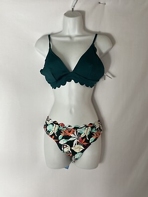 #ad CUPSHE Bikini Swimsuit Scalloped V Neck Lace Up Low Waisted Bathing Suit. Size M $21.02