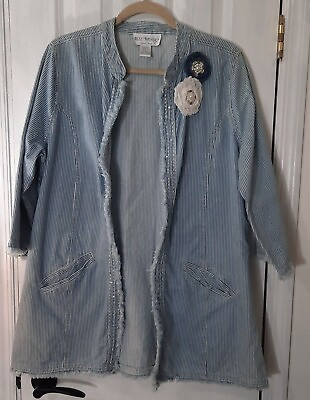 #ad Women#x27;s Large Spring Jacket Coat Denim Stripe Open Front Pockets 100% Cotton $14.00