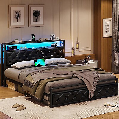 #ad King LED Bed Frame with Storage Headboard Faux Leather Platform Bed Frame Black $199.89