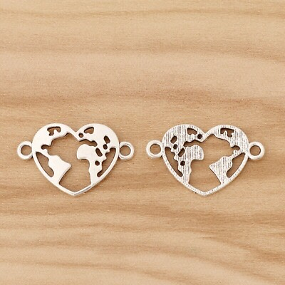#ad 20 World Map Heart Connector Charms Antique Silver Tone AU $5.99