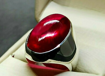 #ad Oval Big Pigeon Red Cabochon Ruby Sterling Silver 925 Handmade Mens Plain Ring $145.00
