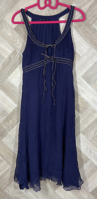 #ad Ladies French Connection Navy Blue Gold Long Dress With Tie Front Size 8 Flawed GBP 6.44