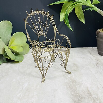 #ad Small Peacock Chair Garden Metal Plant Stand Doll 7” Inches Tall Gold Vintage $22.07