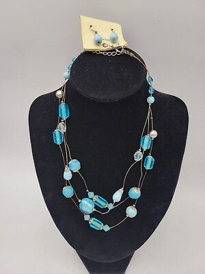 #ad Three Layers Multistrand Blue Bead Necklace earring set DaVinci $11.99