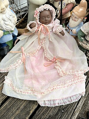 #ad Joyce Wolf Sleeping Baby Black Doll Boy Girl Floral Flocked Dress Vtg 90s RARE $179.50